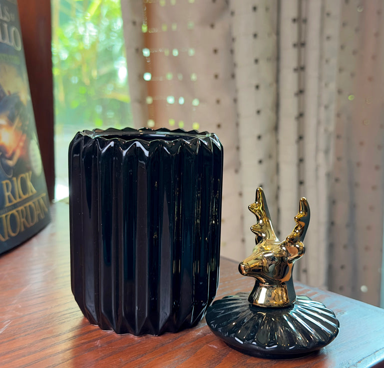 Gold Animal Lid Black Ceramic Candy Jar