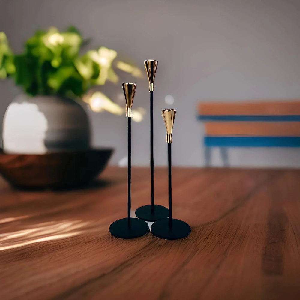 Elegant Black & Gold Candle Holder - Set of 3 - WeHomePk